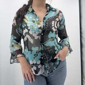 Cove Collections Black & Blue Floral Ruffle Sheer Blouse Y2k Retro Size Medium